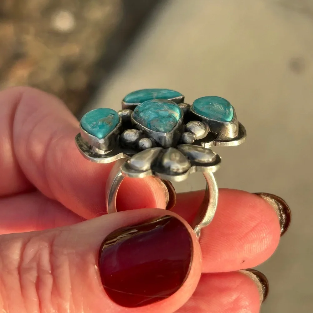 Russell Sam Native American White Water Turquoise Sterling Statement Ring - Picture 4 of 14